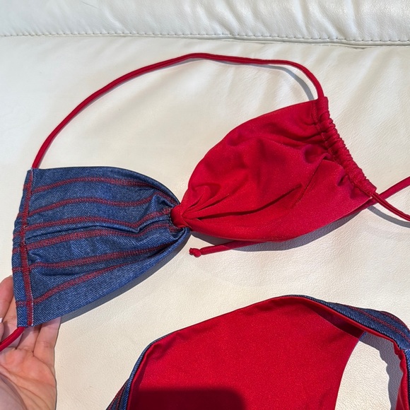 Women small Red and Blue Jean Denim feeling Bikini Set strapless or halter - Picture 4 of 8